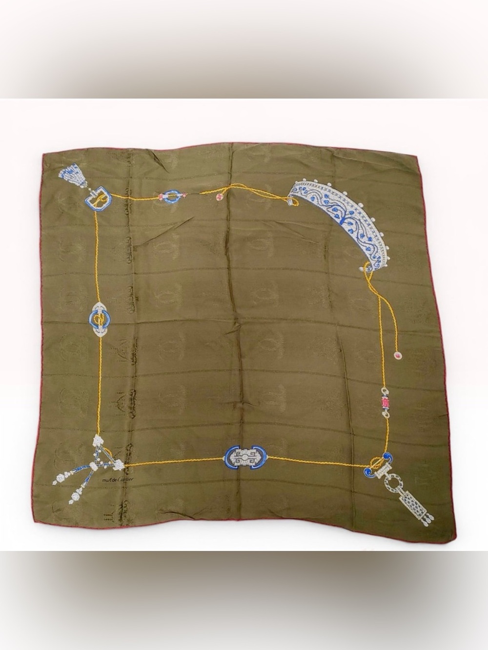 must de Cartier Paris Vintage Silk Scarf Jewelry Motif and Jacquard Logo Pattern